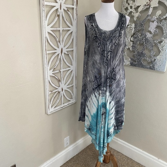 RIVIERA SUN 2X BOHO TIE DYE EMBROIDERY ASYMMETRIAL HEM SLEEVELESS FESTIVAL DRESS - Picture 1 of 7